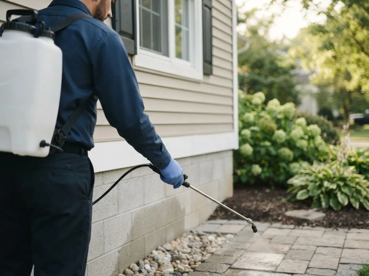 Pest control technician inspecting a home in Woodville, MS